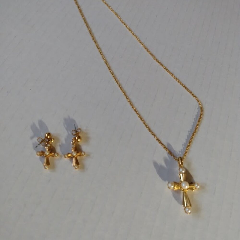 Avon Gold Cross Necklace and Earring Set